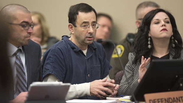 Larry Nassar
Sentencing of Dr. Larry Nassar, Lansing, USA - 16 Jan 2018
Dr. Larry Nassar appears during court proceedings in the sentencing phase in Lansing, Michigan, USA, 16 January 2018. Nassar was a doctor at Michigan State University and for the US Gymnastics team and has been convicted on multiple counts of sexual abuse of minors and faces additional sentencing in Michigan.