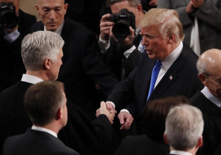 Donald J. Trump
US President Donald J. Trump delivers his State of the Union to Congress, Washington, USA - 30 Jan 2018
US President Donald J. Trump (R) shakes hands with Supreme Counrt Justice Neil Gorsuch (L) as he arrives to deliver his first State of the Union from the floor of the House of Representatives in Washington, DC, USA, 30 January 2018.
