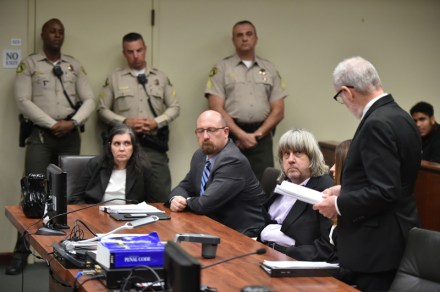 Louise Turpin (L) and attorney Jeff Moore (C) David Turpin (2-R) appear in court for arraignment on charges against the two in relation to their 13 malnourished children found chained in their home in Riverside, California, USA, 18 January 2018. The two parents were charged with multiple counts of Child abuse, torture, abuse of dependent adults and false imprisonment and could face close to 100 years to life in prison if convicted.
Charges filed in case of 13 siblings found in Perris, California home, Riverside, USA - 18 Jan 2018