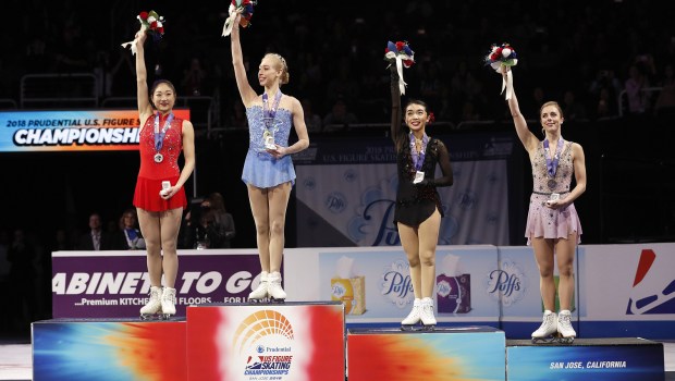 Bradie Tennell, Mirai Nagasu, Karen Chen, Ashley Wagner. Bradie Tennell, second from left, poses after winning the women's free skate event with second place finisher Mirai Nagasu, left, third place finisher Karen Chen, second from right, and fourth place finisher Ashley Wagner at the U.S. Figure Skating Championships in San Jose, Calif
US Championships Figure Skating, San Jose, USA - 05 Jan 2018