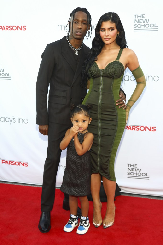 Travis Scott, Kylie Jenner, and Stormi Webster at the Parsons 2021 Benefit