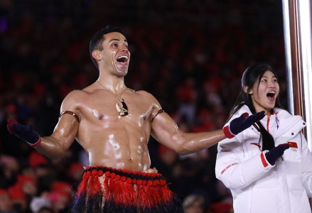 Tonga's Pita Taufatofua reacts during the closing ceremony of the 2018 Winter Olympics in Pyeongchang, South Korea
Olympics Closing Ceremony, Pyeongchang, South Korea - 25 Feb 2018