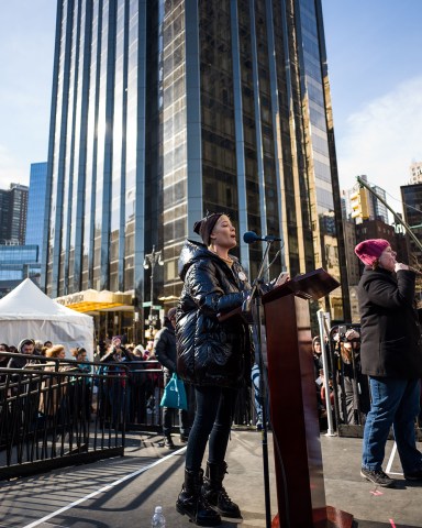 Halsey delivers a speech ahead of the New York City Women's March along Central Park West on January 20, 2018
Women's March rally, New York, USA - 20 Jan 2018