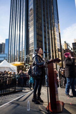 Halsey delivers a speech ahead of the New York City Women's March along Central Park West on January 20, 2018
Women's March rally, New York, USA - 20 Jan 2018