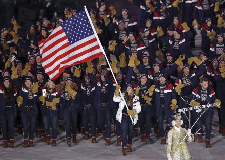 Erin Hamlin carries the flag of the United States during the opening ceremony of the 2018 Winter Olympics in Pyeongchang, South Korea
Olympics Opening Ceremony, Pyeongchang, South Korea - 09 Feb 2018