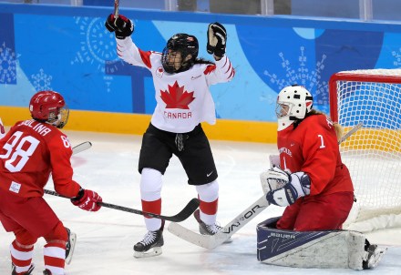 Sarah Nurse (C) of Canada celebrates during the women's Semifinals match inside the Gangneung Hockey Centre at the PyeongChang Winter Olympic Games 2018, in Gangneung, South Korea, 19 February 2018. The PyeongChang 2018 Winter Olympic Games, will run from 09 to 25 February 2018.
Ice Hockey - PyeongChang 2018 Olympic Games, Gangneung, Korea - 19 Feb 2018