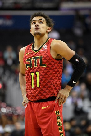 Atlanta Hawks guard Trae Young (11) stands on the court during the second half of an NBA basketball game against the Washington Wizards, Monday, Feb. 4, 2019, in Washington. The Hawks won 137-129. (AP Photo/Nick Wass)
