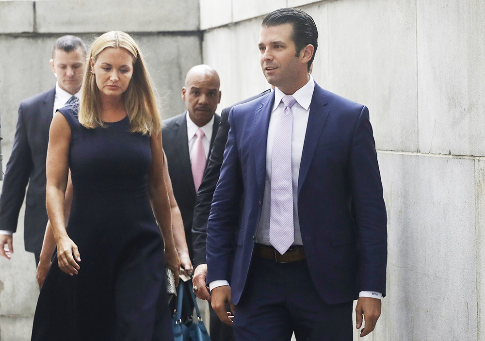 Donald Trump Jr. and his wife Vanessa arrive for a divorce hearing, Thursday, July 26, 2018, in New York. The Trumps were married in 2005 and have five children. (AP Photo/Mark Lennihan)