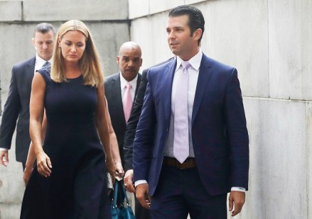 Donald Trump Jr. and his wife Vanessa arrive for a divorce hearing, Thursday, July 26, 2018, in New York. The Trumps were married in 2005 and have five children. (AP Photo/Mark Lennihan)