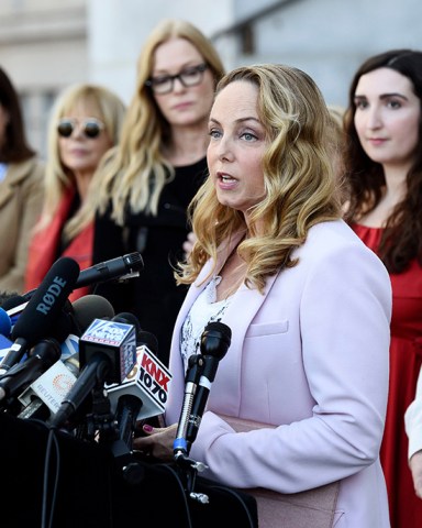 Actress Louisette Geiss addresses the media at a news conference by the "Silence Breakers," a group of women who have spoken out about Hollywood producer Harvey Weinstein's sexual misconduct, at Los Angeles City Hall, in Los Angeles. A jury in Manhattan convicted Weinstein on Monday of raping one woman in 2013 and sexually assaulting another in 2006
Sexual Misconduct Weinstein, Los Angeles, USA - 25 Feb 2020