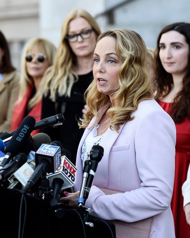 Actress Louisette Geiss addresses the media at a news conference by the "Silence Breakers," a group of women who have spoken out about Hollywood producer Harvey Weinstein's sexual misconduct, at Los Angeles City Hall, in Los Angeles. A jury in Manhattan convicted Weinstein on Monday of raping one woman in 2013 and sexually assaulting another in 2006
Sexual Misconduct Weinstein, Los Angeles, USA - 25 Feb 2020