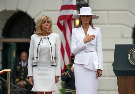 Brigitte Trogneux and Melania Trump on the South Lawn of the White House in Washington DC.
French President Emmanuel Macron visit to USA - 24 Apr 2018
United States President Donald J. Trump and first lady Melania Trump host an arrival ceremony for President Emmanuel Macron of France and his wife, Brigitte Macron, on the South Lawn of the White House in Washington, DC.
