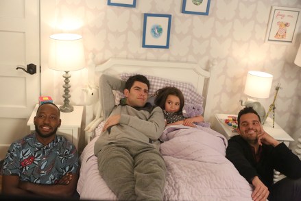 NEW GIRL:  L-R:  Lamorne Morris, Max Greenfield, Danielle/Rhiannon Rockoff and Jake Johnson in the "Tuesday Meeting" episode of NEW GIRL airing Tuesday, April 17 (9:30-10:00 PM ET/PT) on FOX.  ©2018 Fox Broadcasting Co. Cr: Ray Mickshaw/FOX