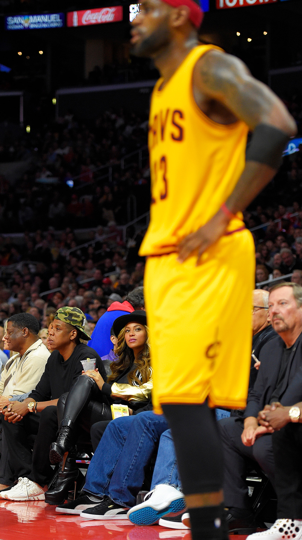 Jay-Z, Beyonce, LeBron James Cleveland Cavaliers forward LeBron James, right, stands on the court as singers Jay-Z and Beyonce, left, watch them play the Los Angeles Clippers during the second half of an NBA basketball game, in Los Angeles. The Cavaliers won 126-121
Cavaliers Clippers Basketball, Los Angeles, USA