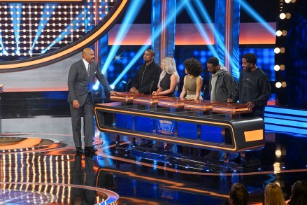 CELEBRITY FAMILY FEUD - "The Kardashian Family vs. The West Family" - The hour-long episode will feature the family that everyone has been waiting to see battle it out on "Celebrity Family Feud," the Kardashian family vs. the West family! The season premiere of "Celebrity Family Feud" airs SUNDAY, JUNE 10 (8:00-9:00 p.m. EDT), on The ABC Television Network. (ABC/Byron Cohen)
STEVE HARVEY, KANYE WEST, KIM KARDASHIAN WEST, KIM WALLACE, JALIL PERAZA, RICKY ANDERSON