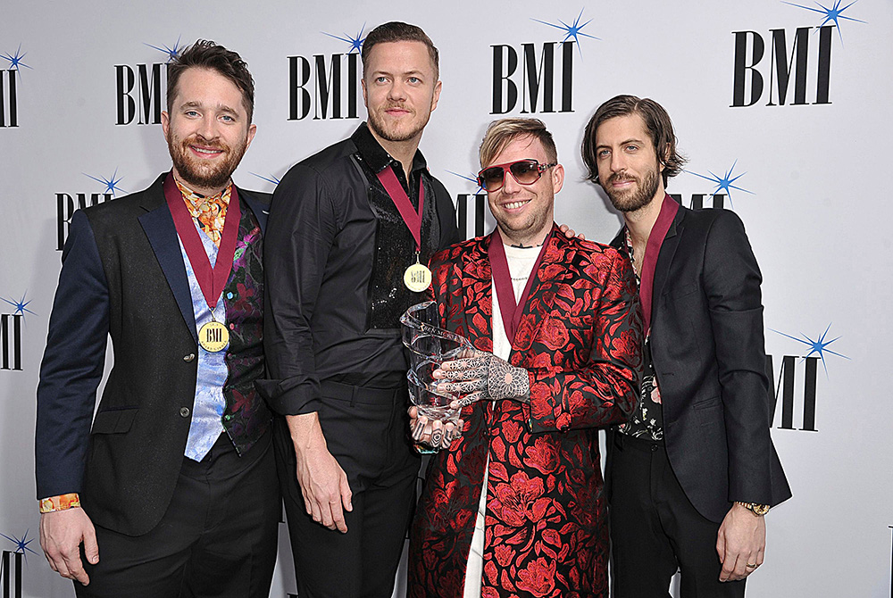 Daniel Platzman, Dan Reynolds, Ben McKee, Wayne Sermon. President's award winners Daniel Platzman, from left, Dan Reynolds, Ben McKee and Wayne Sermon, of Imagine Dragons, arrive at the 67th annual BMI Pop Awards, at the Beverly Wilshire Hotel in Beverly Hills, Calif
67th Annual BMI Pop Awards - Arrivals, Beverly Hills, USA - 14 May 2019