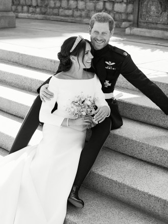 HANDOUT EDITORIAL USE ONLY/NO SALES Mandatory Credit: Photo by Alexi Lubomirski/Kensington Palace/HANDOUT/EPA-EFE/REX/Shutterstock (9687906a) Prince Harry and Meghan Markle Official royal wedding photograph of Duke and Duchess of Sussex, Windsor, United Kingdom - 21 May 2018 A handout photo made available by Kensington Palace on 21 May 2018 of the official wedding photograph released by the Duke and Duchess of Sussex showing Britain's Prince Harry, Duke of Sussex and his wife Meghan, Duchess of Sussex on the East Terrace of Windsor Castle, in Windsor, Britain, 19 May 2018, after their royal wedding ceremony.  NEWS EDITORIAL USE ONLY.  NO COMMERCIAL USE.  NO MERCHANDISING, ADVERTISING, SOUVENIRS, MEMORABILIA or COLORABLY SIMILAR.  NOT FOR USE AFTER 31 DECEMBER 2018 WITHOUT PRIOR PERMISSION FROM KENSINGTON PALACE.  NO CROPPING.  Copyright in the photograph is vested in The Duke and Duchess of Sussex.  Publications are asked to credit the photograph to Alexi Lubomirski.  No charge should be made for the supply, release or publication of the photograph.  The photograph must not be digitally enhanced, manipulated or modified in any manner or form and must include all of the individuals in the photograph when published.