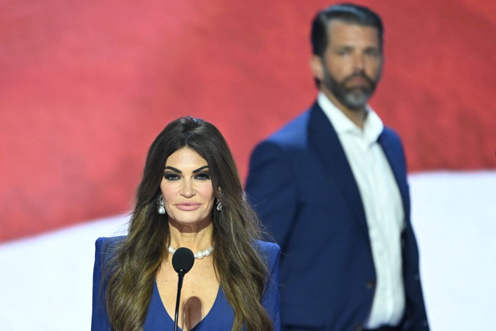 Kimberly Guilfoyle, partner of Donald Trump Jr. (R), takes part in a sound check on the second day of the 2024 Republican National Convention at the Fiserv Forum in Milwaukee, Wisconsin, July 16, 2024. Days after he survived an assassination attempt Donald Trump won formal nomination as the Republican presidential candidate and picked right-wing loyalist J.D. Vance for running mate, kicking off a triumphalist party convention in the wake of last weekend's failed assassination attempt. (Photo by ANDREW CABALLERO-REYNOLDS / AFP) (Photo by ANDREW CABALLERO-REYNOLDS/AFP via Getty Images)