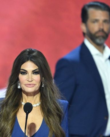 Kimberly Guilfoyle, partner of Donald Trump Jr. (R), takes part in a sound check on the second day of the 2024 Republican National Convention at the Fiserv Forum in Milwaukee, Wisconsin, July 16, 2024. Days after he survived an assassination attempt Donald Trump won formal nomination as the Republican presidential candidate and picked right-wing loyalist J.D. Vance for running mate, kicking off a triumphalist party convention in the wake of last weekend's failed assassination attempt. (Photo by ANDREW CABALLERO-REYNOLDS / AFP) (Photo by ANDREW CABALLERO-REYNOLDS/AFP via Getty Images)