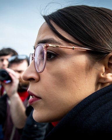 Representative Alexandria Ocasio-Cortez, Democrat of New York, leaves after speaking at a press conference calling for an end to immigrant detentions along the Southern United States border held at the United States Capitol in Washington, DC.
Representitives Ilhan Omar and Alexandria Ocasio-Cortez press conference, Washington DC, USA - 07 Feb 2019