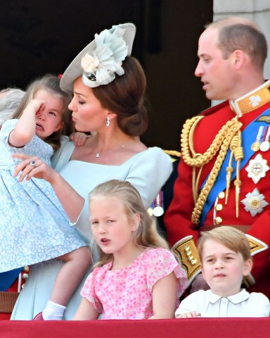 Catherine Duchess of Cambridge, Princess Charlotte, Prince George, Prince William, Prince WilliamTrooping the Colour ceremony, London, UK - 09 Jun 2018Celebration marking Queen Elizabeth II's official birthday, during which she inspects troops from the Household Division as they march in Whitehall, before watching a fly-past from the balcony at Buckingham Palace.
