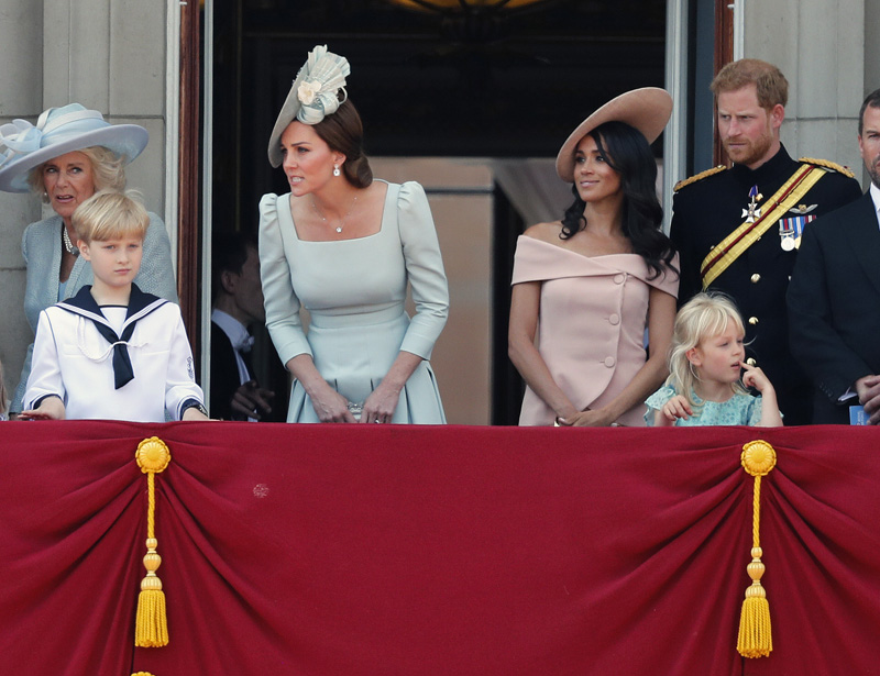 From left, Britain's Camilla Duchess of Cornwall, Kate Duchess of Cambridge, Meghan Duchess of Sussex and Prince Harry attend the annual Trooping the Colour Ceremony in London, Saturday, June 9, 2018.(AP Photo/Frank Augstein)