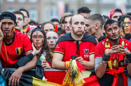 Belgian soccer fans watch the FIFA World Cup 2018 semi final match between Belgium and France at a public viewing in Jette, Brussels, Belgium, 10 July 2018.Belgium feature FIFA World Cup 2018, Brussels - 10 Jul 2018
