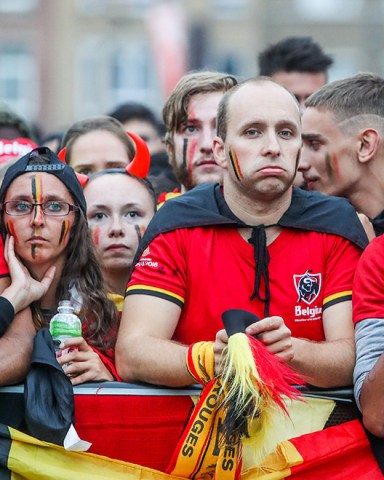 Belgian soccer fans watch the FIFA World Cup 2018 semi final match between Belgium and France at a public viewing in Jette, Brussels, Belgium, 10 July 2018.Belgium feature FIFA World Cup 2018, Brussels - 10 Jul 2018