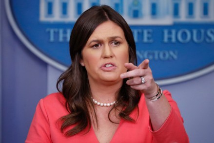 White House press secretary Sarah Huckabee Sanders gestures while speaking to the media during the daily briefing in the Brady Press Briefing Room of the White House
Trump, Washington, USA - 18 Jun 2018