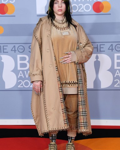 Billie Eilish
40th Brit Awards, Arrivals, The O2 Arena, London, UK - 18 Feb 2020
Wearing Burberry Custom