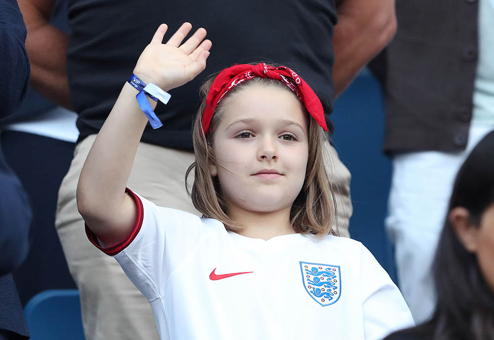 Editorial use only
Mandatory Credit: Photo by Dave Shopland/BPI/Shutterstock (10323057t)
Harper Beckham daughter of David Beckham waves in the stands
Norway v England, FIFA Women's World Cup 2019, Quarter Final, Football, Stade Oceane ,Le Havre, France - 27 Jun 2019