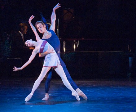 Tiler Peck and Adrian Danchig-Waring of "Morphoses, The Wheeldon Company" perform "Mercurial Manoeuvres Pas de Deux" at the Gerald R. Ford Amphitheater in Vail, Colo. on Friday evening, Aug. 7, 2009 as part of the Vail International Dance Festival. (AP Photo/Peter M. Fredin)