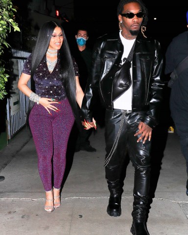 Santa Monica, CA  - *EXCLUSIVE*  - Cardi B gets an early start celebrating her 29th birthday with her hubby Offset and family at Giorgio Baldi in Santa Monica. Cardi is very animated as she steps out stunning in an all-purple monochromatic look.  Pictured: Cardi B, Offset  BACKGRID USA 11 OCTOBER 2021   USA: +1 310 798 9111 / usasales@backgrid.com  UK: +44 208 344 2007 / uksales@backgrid.com  *UK Clients - Pictures Containing Children Please Pixelate Face Prior To Publication*
