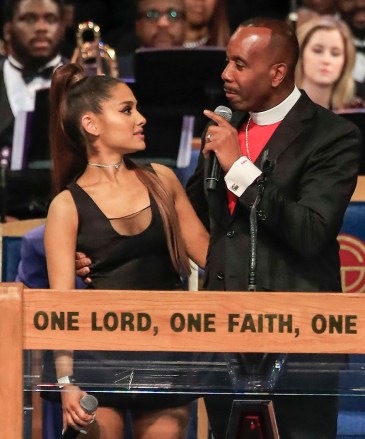 Bishop Charles Ellis (R) talks with US recording artist Ariana Grande (L) during the funeral service for US singer Aretha Franklin at the Greater Grace Temple in Detroit, Michigan, USA, 31 August 2018 (issued 01 September 2018). Aretha Franklin, known as the Queen of Soul for recording hits such as RESPECT, Chain of Fools and many others, died 16 August 2018 from pancreatic cancer and was buried in Woodlawn Cemetery on 31 August.Funeral service for Aretha Franklin, Detroit, USA - 31 Aug 2018