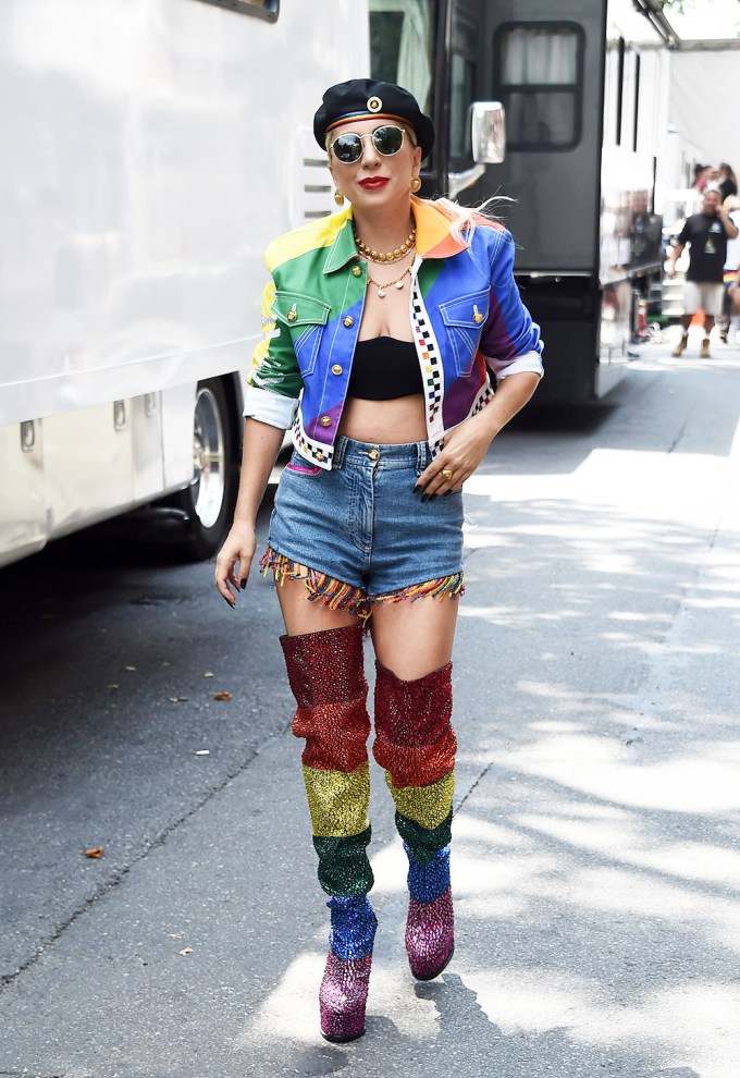 Lady Gaga in tiny denim shorts and matching bra for dinner