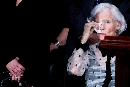 Roberta McCain, mother of US Senator John McCain, R-Ariz., wipes her eyes as she looks at his casket  in the Rotunda of the US Capitol, in Washington, DC, USA, 31 August 2018. McCain will lie in state at the US Capitol and have a funeral service at the National Cathedral before being laid to rest at the US Naval Academy in Annapolis, Maryland. McCain died 25 August, 2018 from brain cancer at his ranch in Sedona, Arizona, USA. He was a veteran of the Vietnam War, served two terms in the US House of Representatives, and was elected to five terms in the US Senate. McCain also ran for president twice, and was the Republican nominee in 2008.
Casket of Senator John McCain laid in state at US Capitol in Washington, USA - 31 Aug 2018