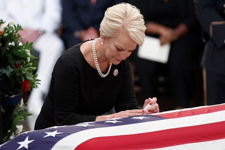 Cindy McCain takes a moment at the casket of her husband Senator John McCain after a memorial service in the Rotunda, where he will lie in state for the rest of the day in Washington, DC, USA, 31 August 2018. McCain will lie in state at the US Capitol and have a funeral service at the National Cathedral before being laid to rest at the US Naval Academy in Annapolis, Maryland. McCain died 25 August, 2018 from brain cancer at his ranch in Sedona, Arizona, USA. He was a veteran of the Vietnam War, served two terms in the US House of Representatives, and was elected to five terms in the US Senate. McCain also ran for president twice, and was the Republican nominee in 2008.
Senator John McCain lies in state at US Capitol, Washington, USA - 31 Aug 2018