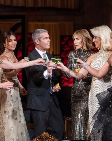 THE REAL HOUSEWIVES OF NEW YORK CITY -- "Reunion" -- Pictured: (l-r) Ramona Singer, Bethenny Frankel, Andy Cohen, Carole Radziwill, Dorinda Medley, Tinsley Mortimer -- (Photo by: Charles Sykes/Bravo)