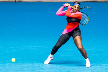 MELBOURNE, VIC - FEBRUARY 08: Serena Williams of the United States of America returns the ball during round 1 of the 2021 Australian Open on February 8 2020, at Melbourne Park in Melbourne, Australia.  (Photo by Jason Heidrich / Icon Sportswire) (Icon Sportswire via AP Images)