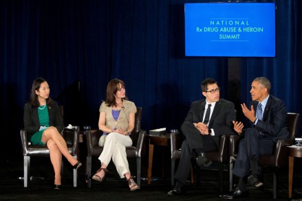 Barack Obama, Leana Wen, Crystal Oertle, Justin Riley President Barack Obama speaks at the National Rx Drug Abuse & Heroin Summit at AmericasMart in Atlanta, . From left are, Baltimore City Health Commissioner Dr. Leana Wen, Crystal Oertle of Ohio, Young People in Recovery President and CEO Justin Riley and the president
Obama, Atlanta, USA