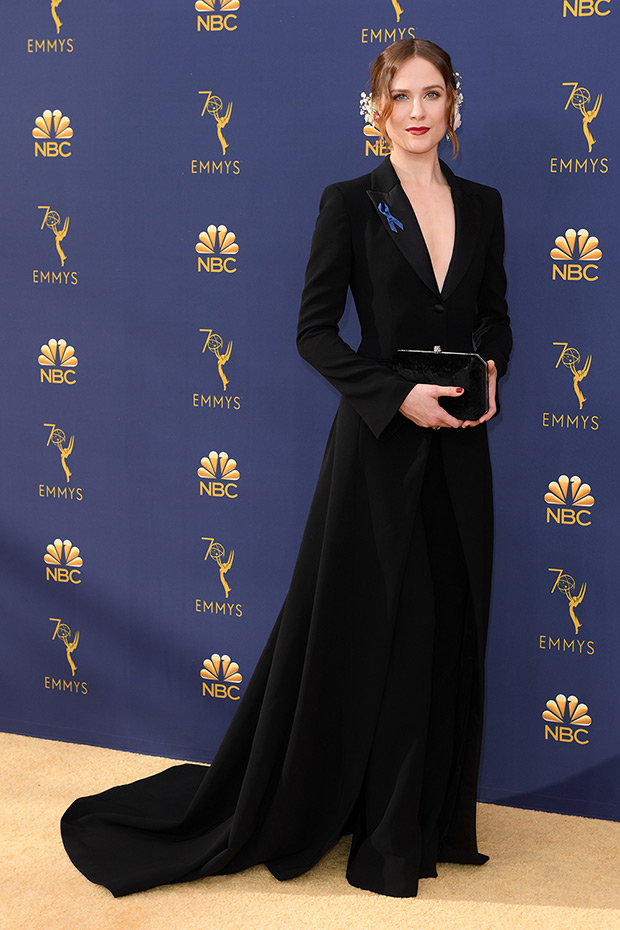 Evan Rachel Wood S Dress At Emmys Gorgeous In Black Tuxedo Dress Hollywood Life