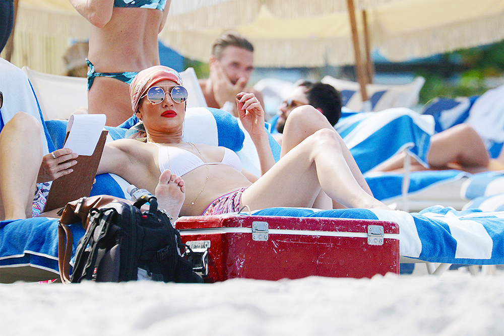 Actress Jennifer Lopez seen relaxing in Miami Beach, FL.