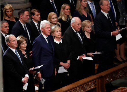 From left, former President George W. Bush, former first lady Laura Bush, former President Bill Clinton, former Secretary of State Hillary Clinton, former Vice President Dick Cheney and his wife Lynne and former Vice President Al Gore attend at a memorial service for Sen. John McCain, R-Ariz., at Washington Nationals Cathedral in Washington, . McCain died Aug. 25, from brain cancer at age 81
McCain, Washington, USA - 01 Sep 2018