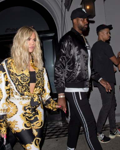 New Mom, Khloe Kardashian dressed from Head to Toe in 'Versace' as she left dinner with boyfriend Tristan Thompson at 'Craigs' Restaurant in West Hollywood, CAPictured: Khloe Kardashian,Tristan ThompsonRef: SPL5016881 180818 NON-EXCLUSIVEPicture by: SPW / SplashNews.comSplash News and PicturesLos Angeles: 310-821-2666New York: 212-619-2666London: 0207 644 7656Milan: +39 02 4399 8577Sydney: +61 02 9240 7700photodesk@splashnews.comWorld Rights