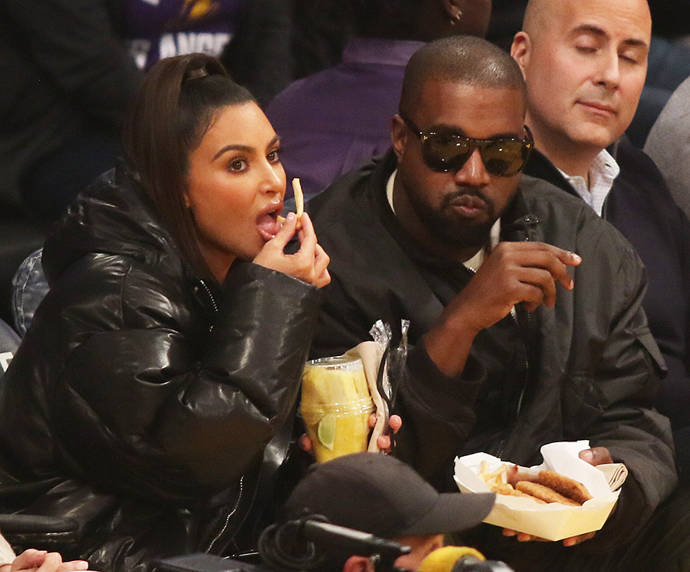 Kim Kardashian And Kanye West Chow Down On Fries And Chicken Tenders As The Attend A Basketball Game Between The Los Angeles Lakers Vs The Cleveland Cavaliers At The Staples Center In Los Angeles, Ca