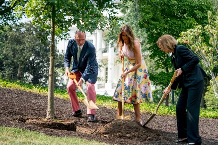 Melania Trump, Richard Emory Gatchell Jr., Mary Jean Eisenhower. From left, President James Monroe's fifth generation grandson Richard Emory Gatchell, Jr., first lady Melania Trump, and President Dwight Eisenhower's granddaughter Mary Jean Eisenhower, participate in a presidential tree planting ceremony on the South Lawn of the White House, in Washington. The sapling was grown from the Eisenhower Oak and replaces a tree which blew down during a windstorm earlier this year. Additionally, this year marks the 200th anniversary of President Monroe's family moving back into the White House after the British set fire to it during the War of 1812First Lady Tree Planting, Washington, USA - 27 Aug 2018