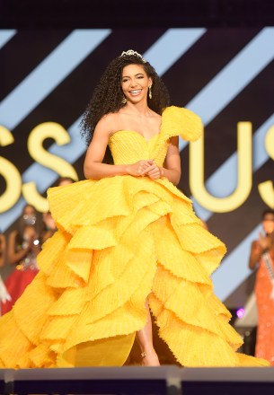 Cheslie Kryst, Miss USA 2019 on stage at the Miss USA 2020 Competition, on November 7, 2020 at Graceland in Memphis Tennessee.