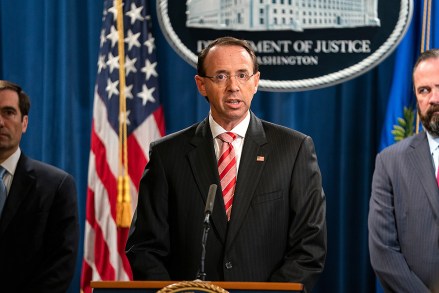 Rod Rosenstein
Deputy AG Rosenstein announces Russia indictment at Justice Department, Washington, USA - 13 Jul 2018
US Deputy Attorney General Rod Rosenstein announces that the Justice Department is indicting 12 Russian military officers for hacking Democratic emails during the 2016 presidential election at the Justice Department in Washington, DC, USA, 13 July 2018. The Russians involved were working for the military intelligence service GRU, according to Rosenstein.