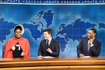 SATURDAY NIGHT LIVE -- Episode 1767 -- Pictured: (l-r) Leslie Jones, Colin Jost, Michael Che during "Weekend Update" on May 18, 2019 -- (Photo by: Will Heath/NBC)