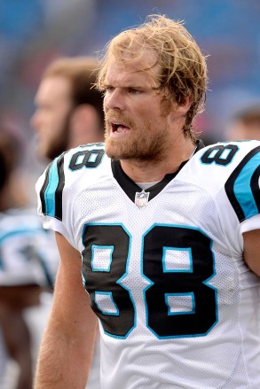 Carolina Panthers tight end Greg Olsen talks to teammates during the first half of an NFL football game against the Buffalo Bills, in Orchard Park, N.Y
Panthers Bills Football, Orchard Park, USA - 09 Aug 2018